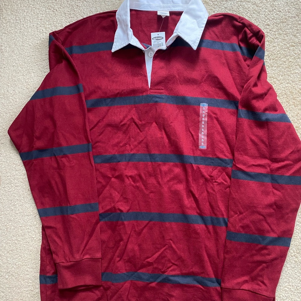 Old Navy Men's Red and Navy Striped Rugby Shirt